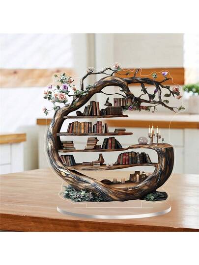 قطعة واحدة من الزخارف الأكريليك ذات التصميم الخشبي المميز لشجرة الحياة الأنيقة ذات التصميم المسطح 2D ، عناصر ديكور أكريليك مبتكرة ومتعددة الاستخدامات ك-منظم مكتبي لترتيب الكتب والتصميمات ، قطعة مثالية للمنزل والمطبخ والمكتب والنوم ، هدية عائلية مميزة مع ح