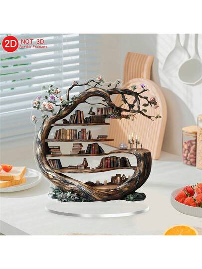 قطعة واحدة من الزخارف الأكريليك ذات التصميم الخشبي المميز لشجرة الحياة الأنيقة ذات التصميم المسطح 2D ، عناصر ديكور أكريليك مبتكرة ومتعددة الاستخدامات ك-منظم مكتبي لترتيب الكتب والتصميمات ، قطعة مثالية للمنزل والمطبخ والمكتب والنوم ، هدية عائلية مميزة مع ح