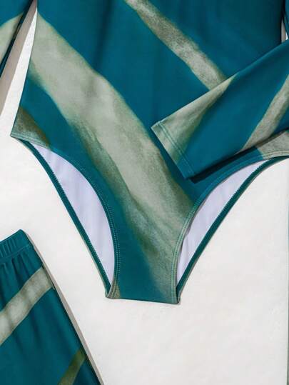 Swim Mulvari 3 قطع/مجموعة ملابس سباحة متواضعة للنساء مزينة برسومات زهور رومانسية، غطاء كامل للجسم بما في ذلك ملابس علوية كم طويل، وبنطلون طويل للشاطئ