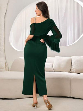 فساتين حريمي Modelyn العيد فستان نسائي أنيق بقصة رقبة غير متماثلة واكمام مزينة بشراريب، مناسب للحفلات