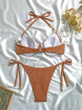 Swim SXY ملابس سباحة قطعتين للنساء فى الصيف، سروال ببكرة جانبية وصحن ضيق أنيق بحمالات رفيعة معري، وقطعة علوية محصورة قصيرة، بلون أحادي والطابع المثير والعصري، مثالية للاستخدام على الشاطئ