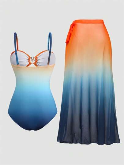 Swim Oasis مجموعة من قطعتين لحجم إضافي للنساء، بملابس سباحة مطبوعة بطبعة أومبير برتقالي وأزرق، مع تنورة وغطاء، للاستخدام في العطلات والأجواء الشاطئية الكاجوال
