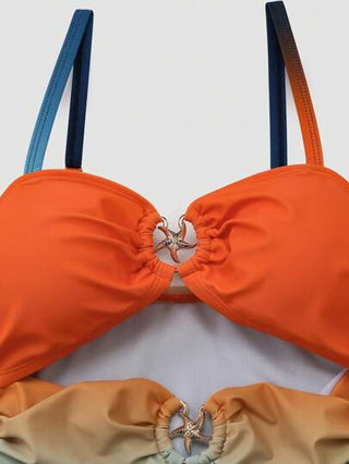 Swim Oasis مجموعة من قطعتين لحجم إضافي للنساء، بملابس سباحة مطبوعة بطبعة أومبير برتقالي وأزرق، مع تنورة وغطاء، للاستخدام في العطلات والأجواء الشاطئية الكاجوال