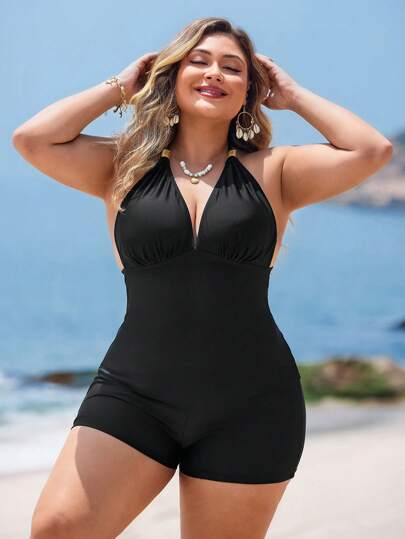 Swim Lushoire بدلة سباحة تانكيني 2قطعة بطراز عادي متزن، يشكل رقبة على شكل "ن"، إطلالة كاجوال أنيقة للسيدات ذوات المقاسات الكبيرة