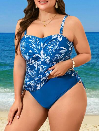 Swim Lushoire مجموعة بيكيني من قطعتين للنساء مقاسات كبيرة، ملابس علوية بنقشة نباتية وحمالات سميكة بدون أكمام، وسروال ثلاثي اللون