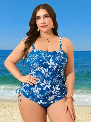 Swim Lushoire مجموعة بيكيني من قطعتين للنساء مقاسات كبيرة، ملابس علوية بنقشة نباتية وحمالات سميكة بدون أكمام، وسروال ثلاثي اللون