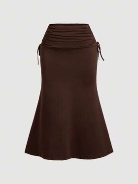 SHEIN MOD تنورة سويل نصف طول خصر عالي مذيل ملتف مع خيط جانبي بني اللون، لفصل الصيف، مقاسات كبيرة