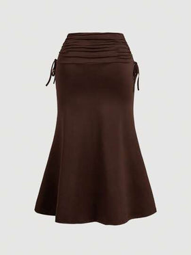 SHEIN MOD تنورة سويل نصف طول خصر عالي مذيل ملتف مع خيط جانبي بني اللون، لفصل الصيف، مقاسات كبيرة