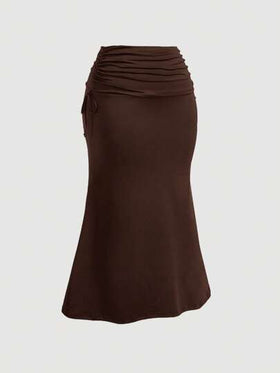 SHEIN MOD تنورة سويل نصف طول خصر عالي مذيل ملتف مع خيط جانبي بني اللون، لفصل الصيف، مقاسات كبيرة
