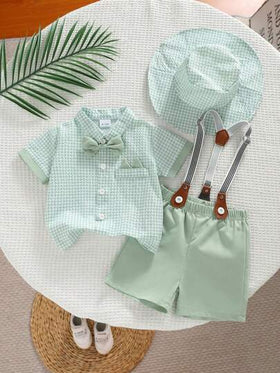 SHEIN Playful Pals 4 قطع طقم ملابس بنمط المربعات للطفل، قميص بأكمام قصيرة باللون الأخضر مع سراويل معدلية للمناسبات الرسمية والعادية مثل عيد الميلاد والزفاف والتخرج