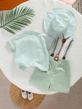 SHEIN Playful Pals 4 قطع طقم ملابس بنمط المربعات للطفل، قميص بأكمام قصيرة باللون الأخضر مع سراويل معدلية للمناسبات الرسمية والعادية مثل عيد الميلاد والزفاف والتخرج