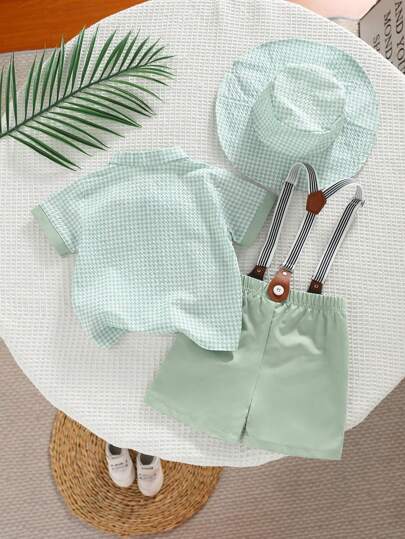SHEIN Playful Pals 4 قطع طقم ملابس بنمط المربعات للطفل، قميص بأكمام قصيرة باللون الأخضر مع سراويل معدلية للمناسبات الرسمية والعادية مثل عيد الميلاد والزفاف والتخرج