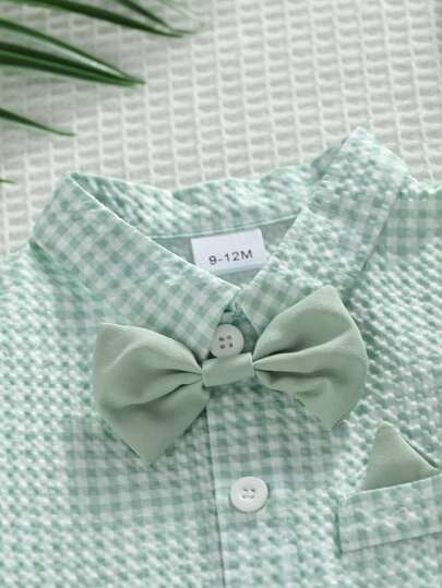 SHEIN Playful Pals 4 قطع طقم ملابس بنمط المربعات للطفل، قميص بأكمام قصيرة باللون الأخضر مع سراويل معدلية للمناسبات الرسمية والعادية مثل عيد الميلاد والزفاف والتخرج