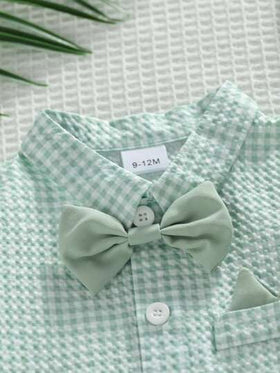 SHEIN Playful Pals 4 قطع طقم ملابس بنمط المربعات للطفل، قميص بأكمام قصيرة باللون الأخضر مع سراويل معدلية للمناسبات الرسمية والعادية مثل عيد الميلاد والزفاف والتخرج