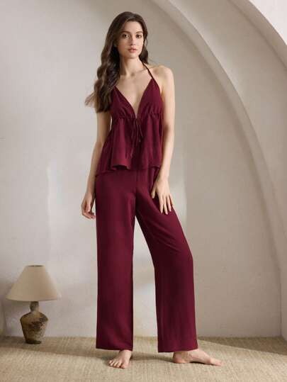 Ocili مجموعة ملابس النوم النسائية العصرية الصيفية من قطعتين: ملابس علوية رقبة وحَلْتَر أسفلها ذيل كشكش وبنطلون ، مثالية لفترة الاستجمام والعطلات
