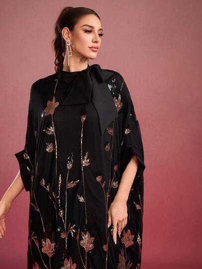 رمضان عباءة نسائية بياقة ربطة العنق، مطرزة بخرز فاخر، تصميم تطريز عشوائي، ثوب عربي أنيق