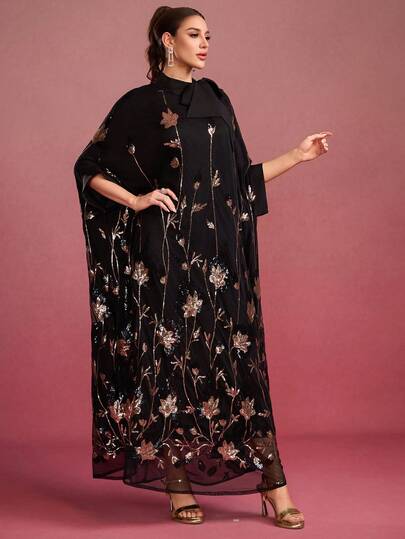 رمضان عباءة نسائية بياقة ربطة العنق، مطرزة بخرز فاخر، تصميم تطريز عشوائي، ثوب عربي أنيق