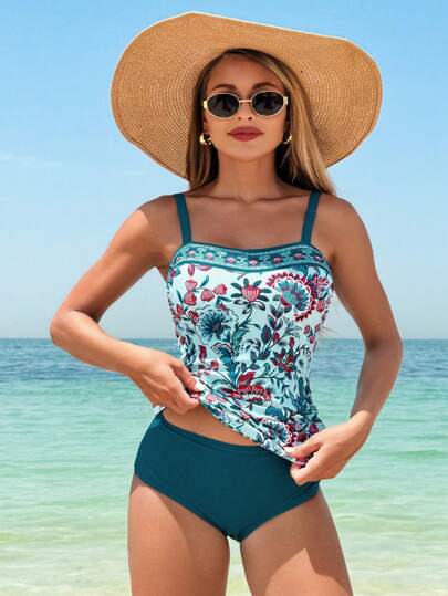 طقم تانكيني حريمي Swim Lushoire طقم بيكيني للسيدات: ملابس علوية كامسول مطبوعة بشكل عشوائي وشورتات بلون سادة لأوقات الفراغ والعطلات الشاطئية
