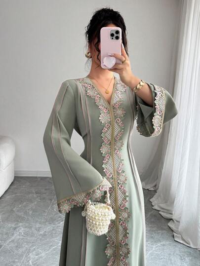 Chiquease عباءة نسائية فضفاضة بياقة على شكل حرف V وأكمام طويلة وهيم منسدل، العباءة التركية، العباءة العربية الطويلة