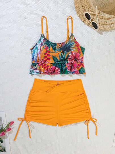طقم تانكيني حريمي Swim Lushoire طقم بيكيني خزان بكلبات أربطة رفيعة تصميم الطبعات المدارية، للأجازات البحرية