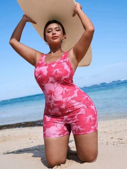 SHEIN Swim Curve بدلة سباحة جزئية كاجوال بلا أكمام وظهر مفتوح مع طباعة زهور، مناسبة للمرأة البدينة للاستخدام في العطلات والشاطئ والرياضة