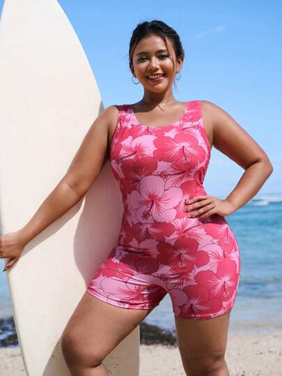 SHEIN Swim Curve بدلة سباحة جزئية كاجوال بلا أكمام وظهر مفتوح مع طباعة زهور، مناسبة للمرأة البدينة للاستخدام في العطلات والشاطئ والرياضة