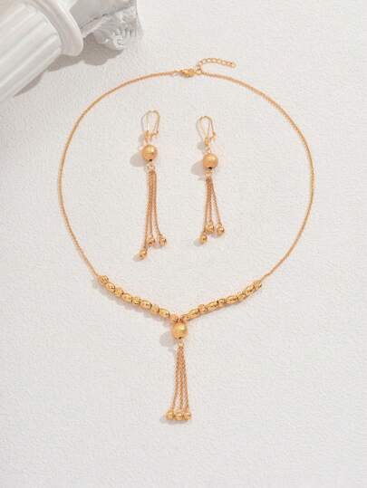 مجموعة مكونة من 3 قطع من سلسلة المهرجانات المبسطة، قلادة وأقراط من طقم ذهبي مطلي بالنحاس، اكسسوارات فستان زفاف و حفلات للنساء