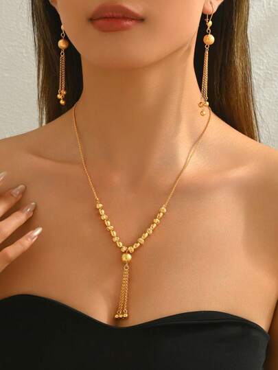 مجموعة مكونة من 3 قطع من سلسلة المهرجانات المبسطة، قلادة وأقراط من طقم ذهبي مطلي بالنحاس، اكسسوارات فستان زفاف و حفلات للنساء