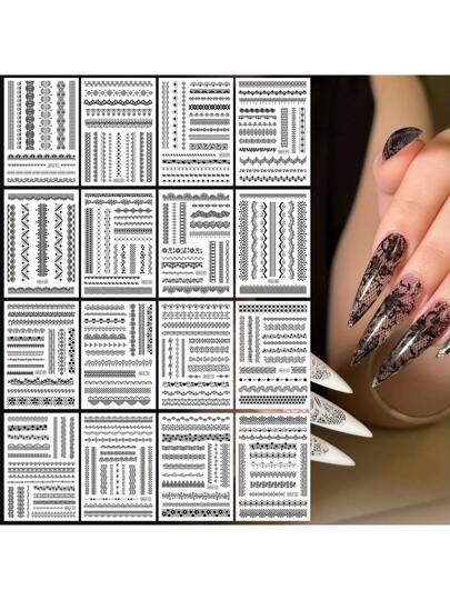 4 قطع ملصقات أظافر ثلاثية الأبعاد، دانتيل باروك أسود وأبيض، رسوم فاخرة من الفضة والذهب لفن الأظافر بتصميمات أنيقة من الورود والخطوط المستقيمة والزخرفة الفاخرة، مناسبة للنساء والفتيات للعناية اليدوية بالأظافر