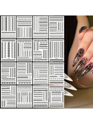 4 قطع ملصقات أظافر ثلاثية الأبعاد، دانتيل باروك أسود وأبيض، رسوم فاخرة من الفضة والذهب لفن الأظافر بتصميمات أنيقة من الورود والخطوط المستقيمة والزخرفة الفاخرة، مناسبة للنساء والفتيات للعناية اليدوية بالأظافر