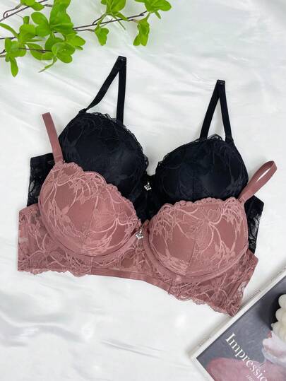 SHEIN 2 قطعة / مجموعة حمالة صدر فرنسية للرفع مع سلك داخلي ، مخصصة للأجزاء العليا رقيقة والأجزاء السفلية ثخينة للملابس الداخلية
