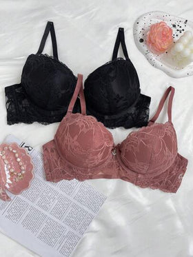 SHEIN 2 قطعة / مجموعة حمالة صدر فرنسية للرفع مع سلك داخلي ، مخصصة للأجزاء العليا رقيقة والأجزاء السفلية ثخينة للملابس الداخلية