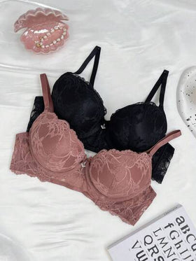 SHEIN 2 قطعة / مجموعة حمالة صدر فرنسية للرفع مع سلك داخلي ، مخصصة للأجزاء العليا رقيقة والأجزاء السفلية ثخينة للملابس الداخلية