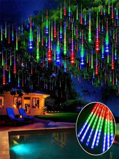 1 قطعة أنوار تسلسلية شلالات النيزك LED بقوة 192 ليد، متعددة الألوان، تعمل بالطاقة USB، إضاءة داخلية معلقة، من البلاستيك، لا حاجة لبطاريات، للشارع والحديقة والفناء والممرات، ديكور عيد