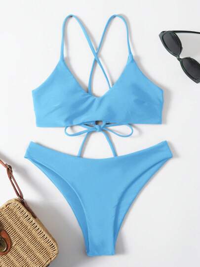 طقم تانكيني حريمي Swim Basics بكيني نسائي قطعتين بألوان سادة مكون من ملابس علوية خلايني رفيع وأسفل مثلث، بدون سلك دعم