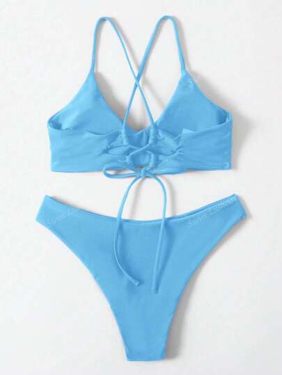 طقم تانكيني حريمي Swim Lushoire بدلة سباحة من بناطيل الخصر ذات خطوط عریضة عريضة وعنق رفيع جذّاب و قطع علوي لون أحادي، بدون سلك