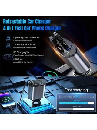 شاحن سيارة سريع بكبل قابل للسحب 4 في 1 ، شاحن USB للسيارة متوافق مع هواتف 11/12/13/14/15/Pro Max، Galaxy S23/22، Pixel و IPad Pro من اكسسوارات السيارة