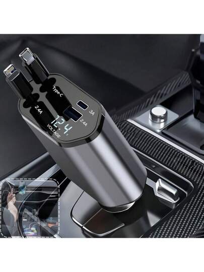 شاحن سيارة سريع بكبل قابل للسحب 4 في 1 ، شاحن USB للسيارة متوافق مع هواتف 11/12/13/14/15/Pro Max، Galaxy S23/22، Pixel و IPad Pro من اكسسوارات السيارة