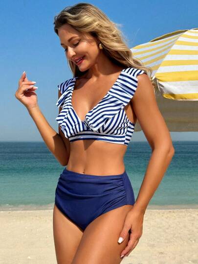 طقم تانكيني حريمي Swim 2 ملابس سباحة رياضية للنساء، بطبعات عشوائية مخططة مزينة بالكشكشة حول الياقة