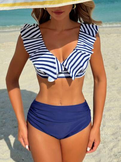 طقم تانكيني حريمي Swim 2 ملابس سباحة رياضية للنساء، بطبعات عشوائية مخططة مزينة بالكشكشة حول الياقة