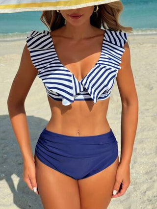طقم تانكيني حريمي Swim 2 ملابس سباحة رياضية للنساء، بطبعات عشوائية مخططة مزينة بالكشكشة حول الياقة
