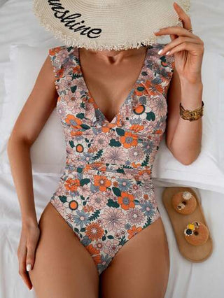 مايوه حريمي قطعة واحدة Swim Vcay بدلة سباحة قطعة واحدة مع تصميم أزهار مطبعة وأكمام منسدلة للنساء لأجازات الصيف والشاطئ
