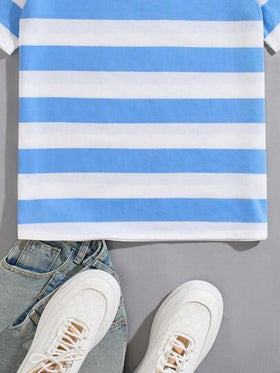 SHEIN ملابس علوية قصير الأكمام مريح وفضفاض للمراهقين الذكور بتصميم مخطط