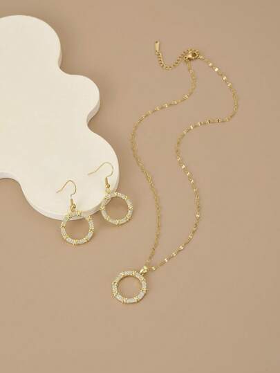 قلادة نسائية قطعة واحدة من الفولاذ المقاوم للصدأ مرصعة بالراين ستونز بتصميم هندسي دائري، وطقم أقراط نسائية قطعة واحدة من الفولاذ المقاوم للصدأ مرصعة بالراين ستونز بتصميم هندسي دائري