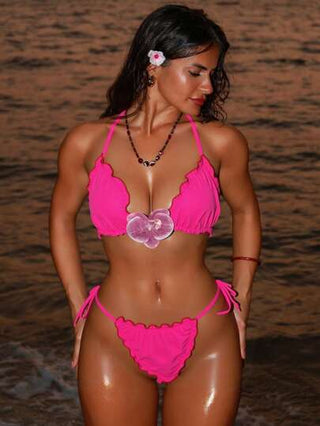 Swim SXY طقم نسائي للشاطئ والعطلات الصيفية،توب بحمالات مكشكش ولون أحادي مع بطبعة زهور ثلاثية الأبعاد وسراويل بيكينى مربوطة الجانب