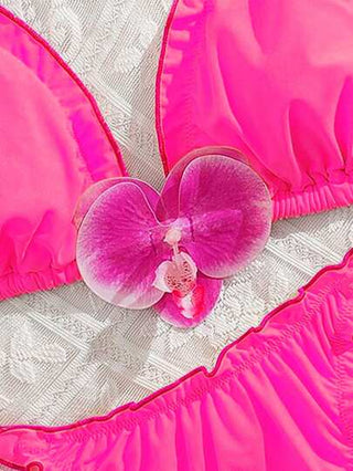 Swim SXY طقم نسائي للشاطئ والعطلات الصيفية،توب بحمالات مكشكش ولون أحادي مع بطبعة زهور ثلاثية الأبعاد وسراويل بيكينى مربوطة الجانب