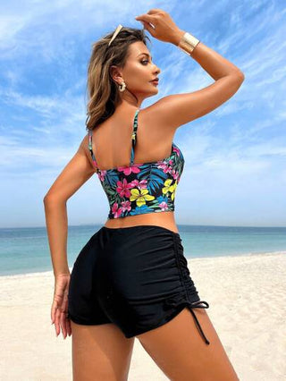 طقم تانكيني حريمي Swim Lushoire مجموعة من 2 قطعة بدلة بكامي مثير بحمالات رفيعة بطبعة أزهار عشوائية ولباس داخلي جانبي بلون أحادي، بذلة سباحة أنيقة
