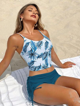 طقم تانكيني حريمي Swim Lushoire 2 قطع/مجموعة لباس علوي كامسول برسومات نباتية عشوائية وسروال داخلي بحبال جانبية ذو لون أحادي، بدلة سباحة أنيقة
