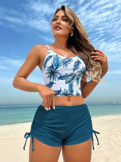 طقم تانكيني حريمي Swim Lushoire 2 قطع/مجموعة لباس علوي كامسول برسومات نباتية عشوائية وسروال داخلي بحبال جانبية ذو لون أحادي، بدلة سباحة أنيقة