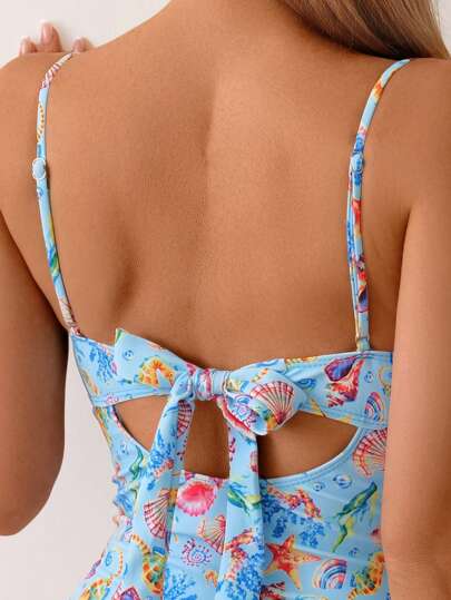 SHEIN بكيني ذو حمالة ضيقة، طبعة عشوائية لمحيط البحر، رفع وتجميع الصدر، قطعة واحدة مناسبة لحفلات الشاطئ وأيام الصيف